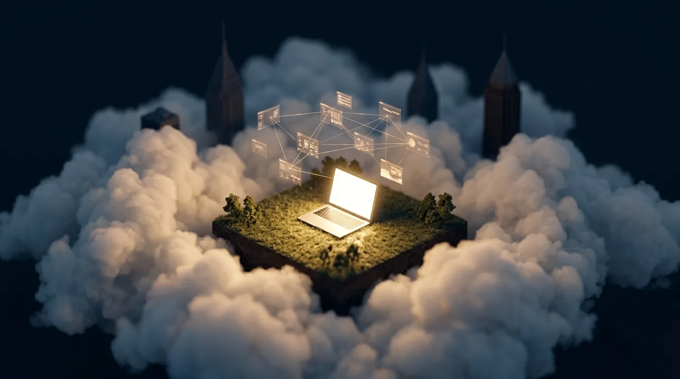 A glowing laptop connected to an AI automation network above the Atlanta skyline