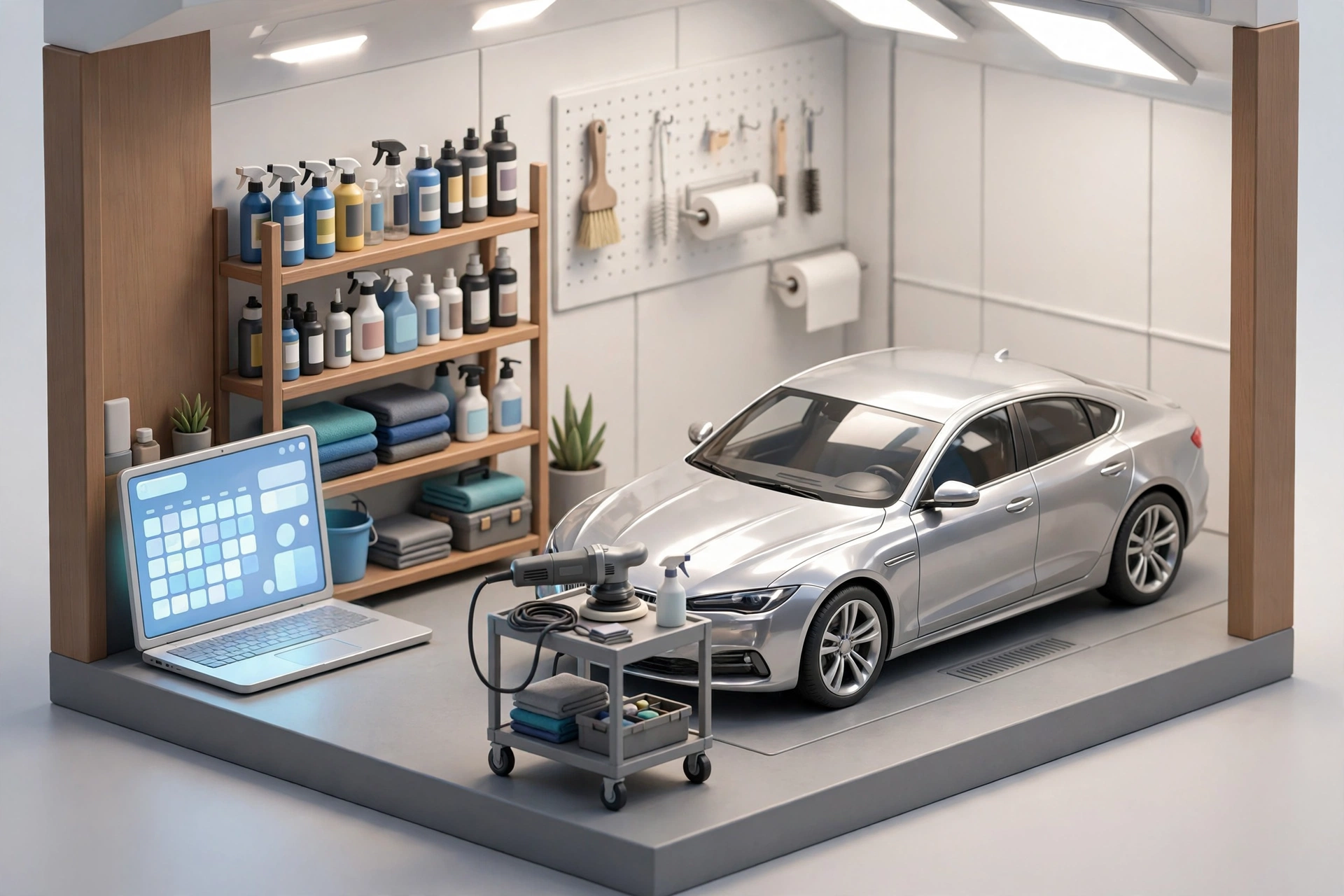 Isometric diorama of an auto detailing bay with a gleaming polished car, orbital polisher, and shelves of detailing products, beside a glowing laptop showing an online booking calendar