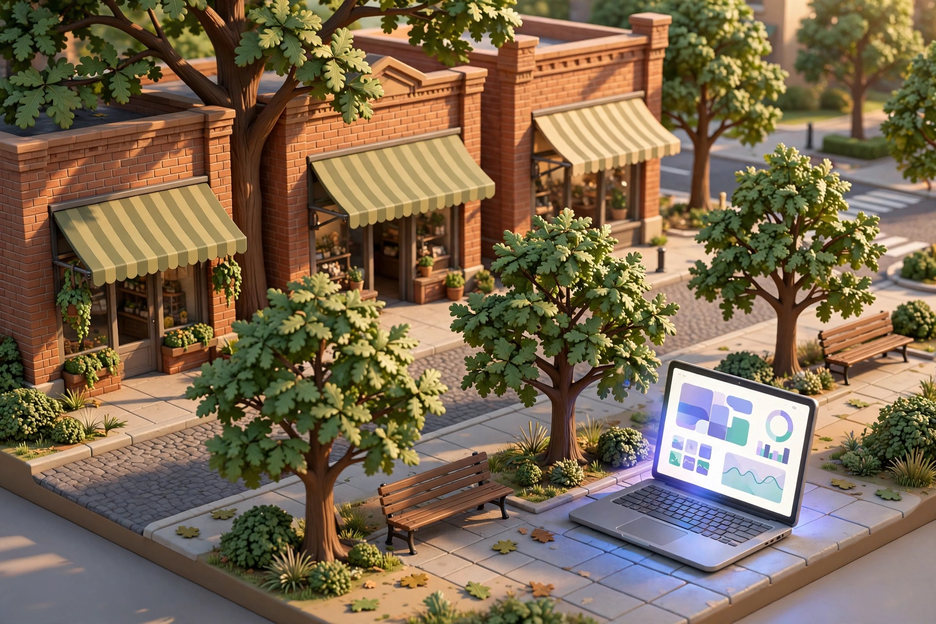 Isometric diorama of a Decatur, Georgia main street with brick storefronts and oak trees, beside a glowing laptop showing a website design mockup