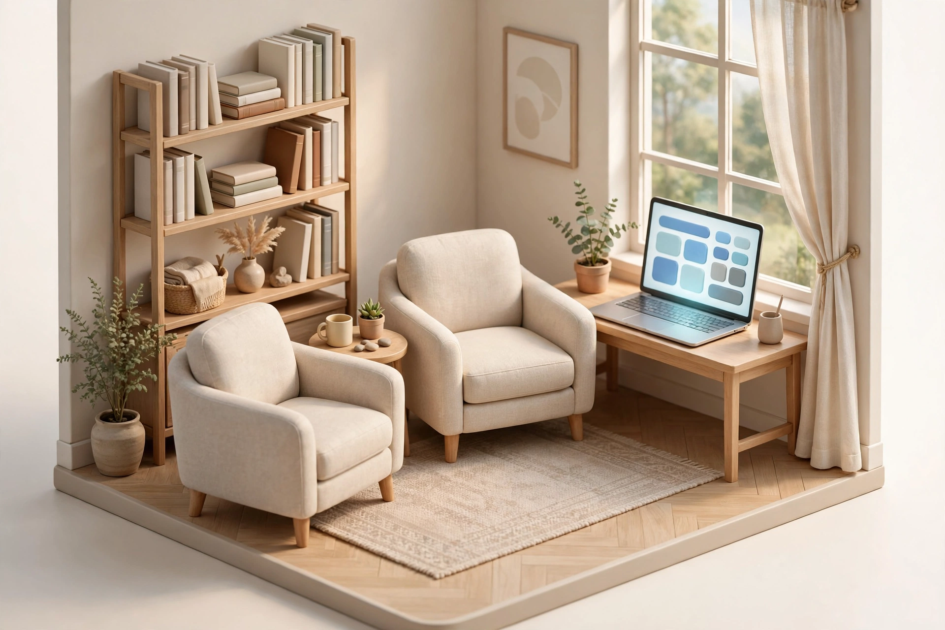 Isometric diorama of a calm therapy office with two armchairs, a bookshelf, and soft daylight from a window, beside a glowing laptop showing a scheduling page