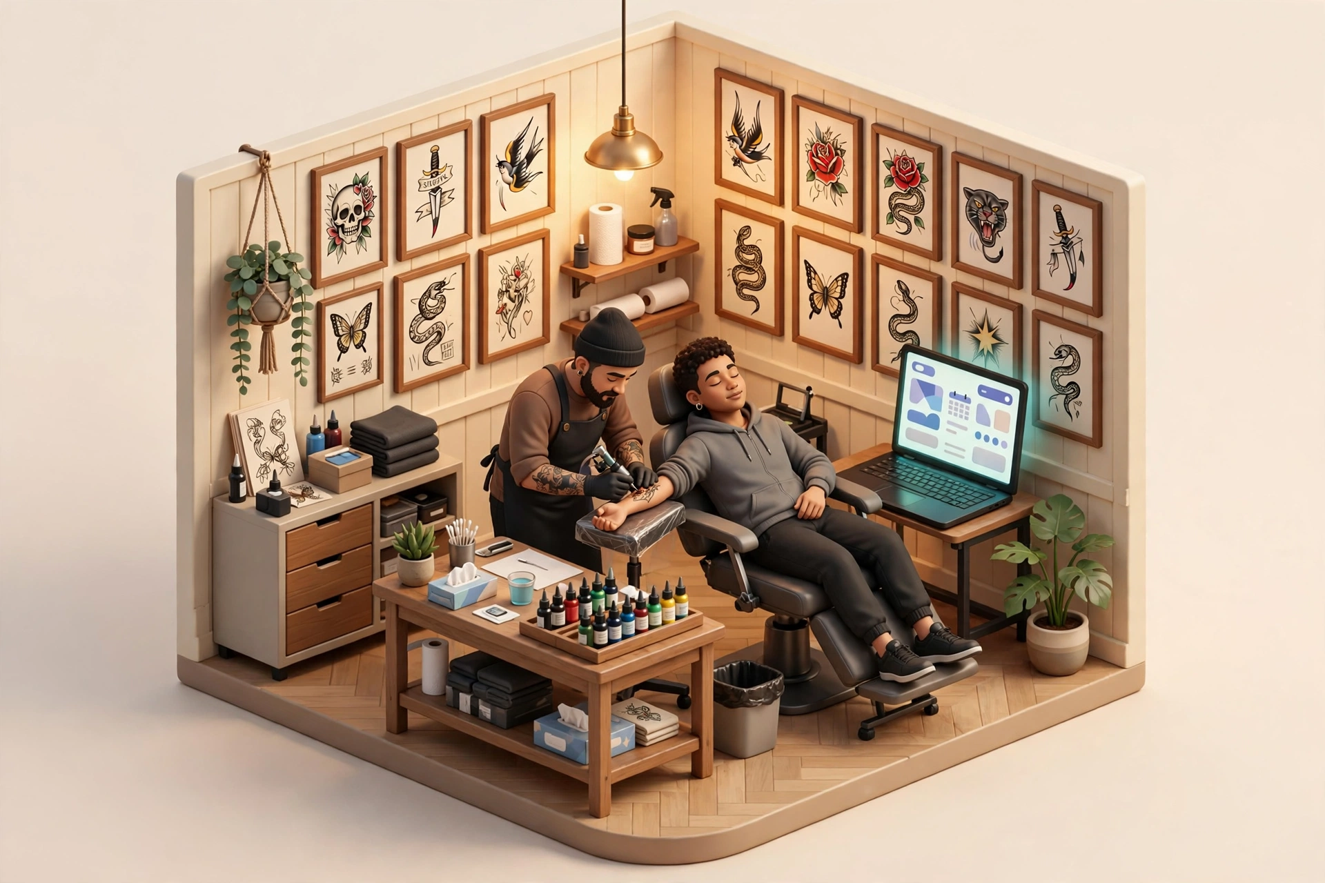 Isometric diorama of a tattoo studio with an artist tattooing a client, ink station with bottles, and framed flash art on the walls, beside a glowing laptop showing a booking page