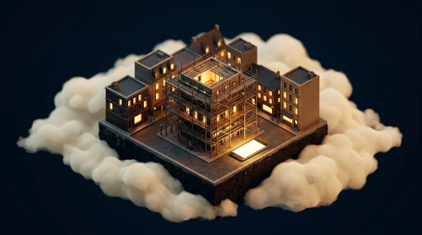 An isometric illustration of a building under renovation with scaffolding, representing a website redesign in progress